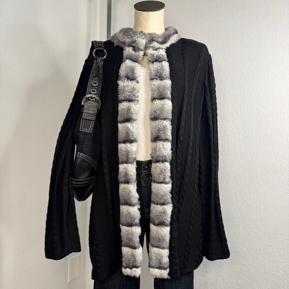 Ming Wang Black Faux Fur Cable Knit Cardigan Sweater Size 0X Glam Quiet Luxury - Picture 1 of 12